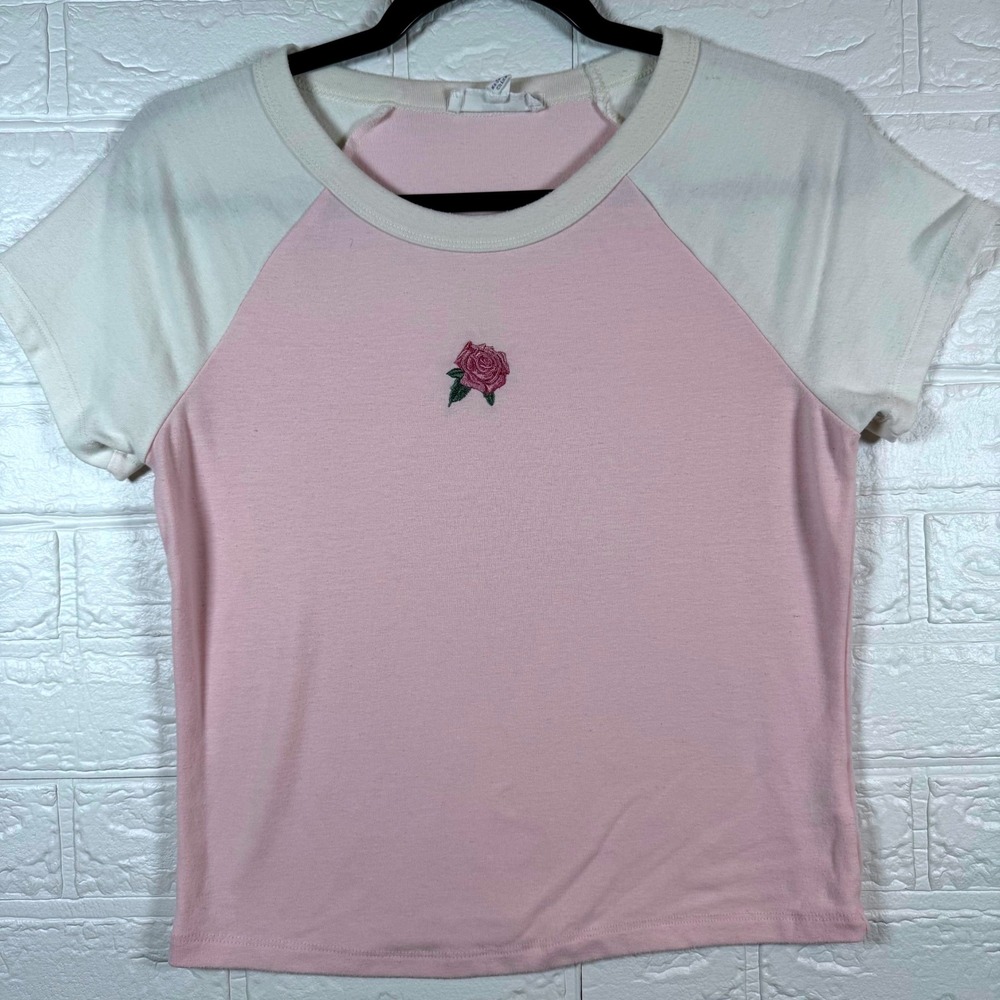 Hippie Rose Raglan Tee Women Large Pink White Rose Embroidered Short Sleeve
